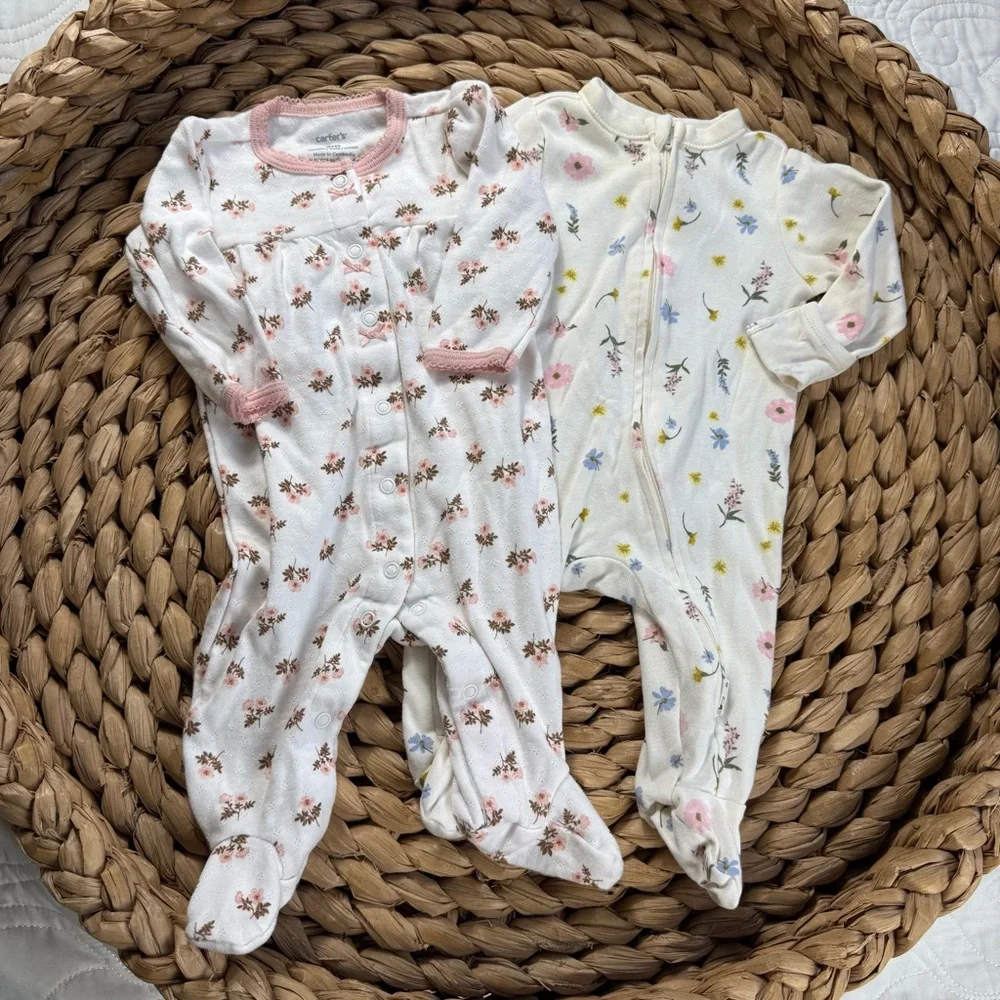 Carter's & Old Navy 100% Cotton Floral Footies Pajamas Pink White Yellow 0-3 EUC